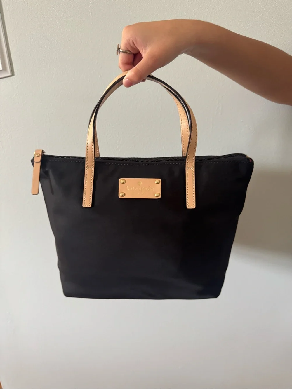 kate spade Black Nylon Tote with Tan Leather Handles and Gold Plaque